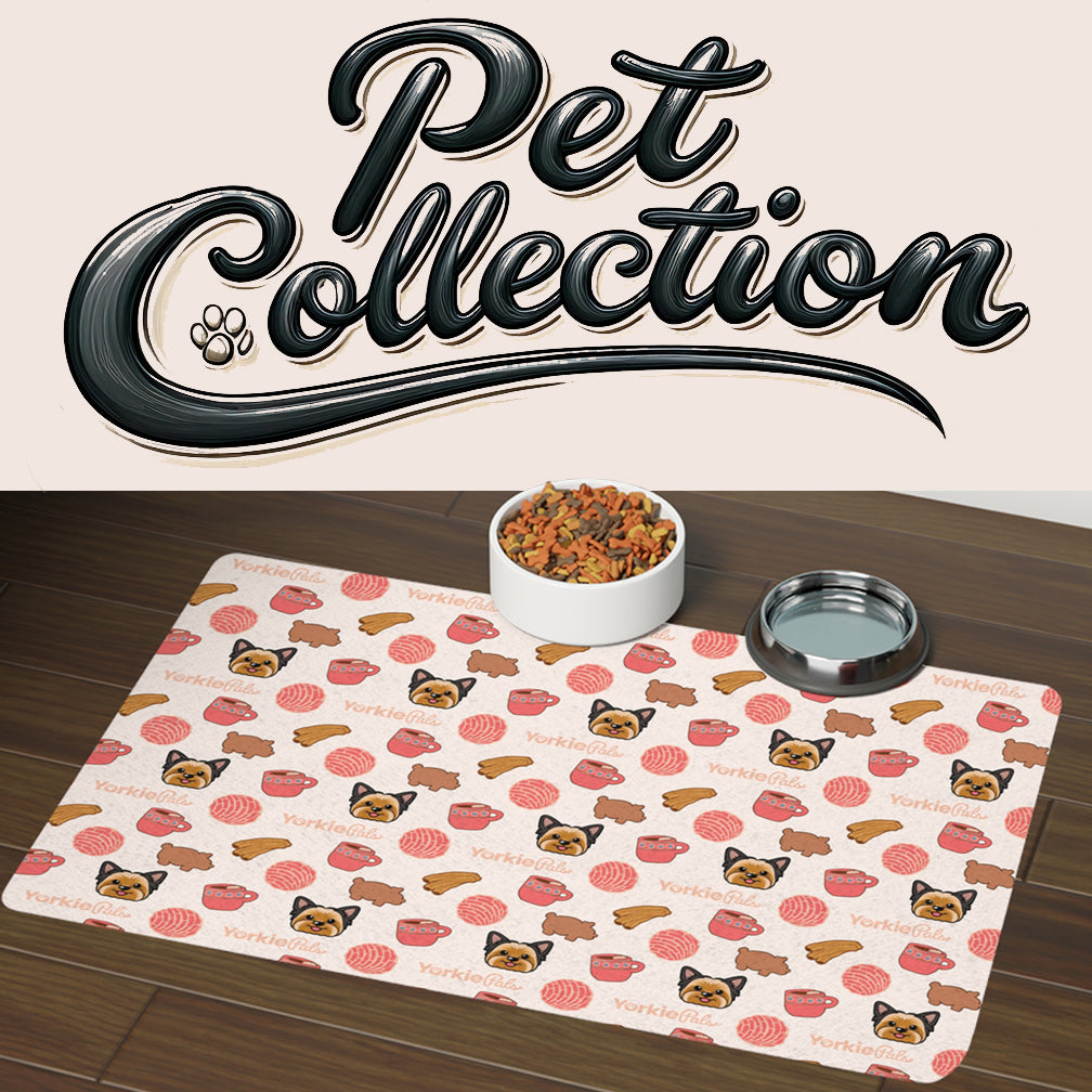 Pet Collection with picture of a pet dog mat and dog bowl with food