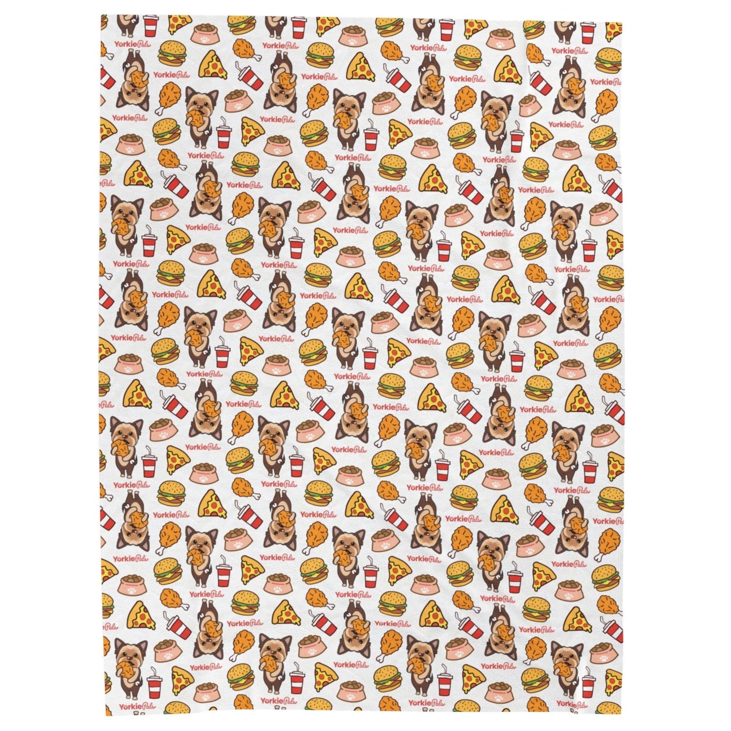 Lightweight blanket showcasing Yorkie dogs and junk food like pizza, burgers, and soda cups