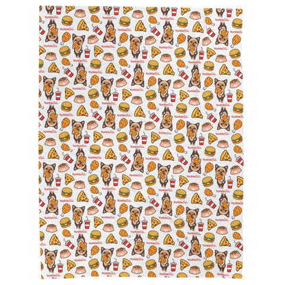 Lightweight blanket showcasing Yorkie dogs and junk food like pizza, burgers, and soda cups