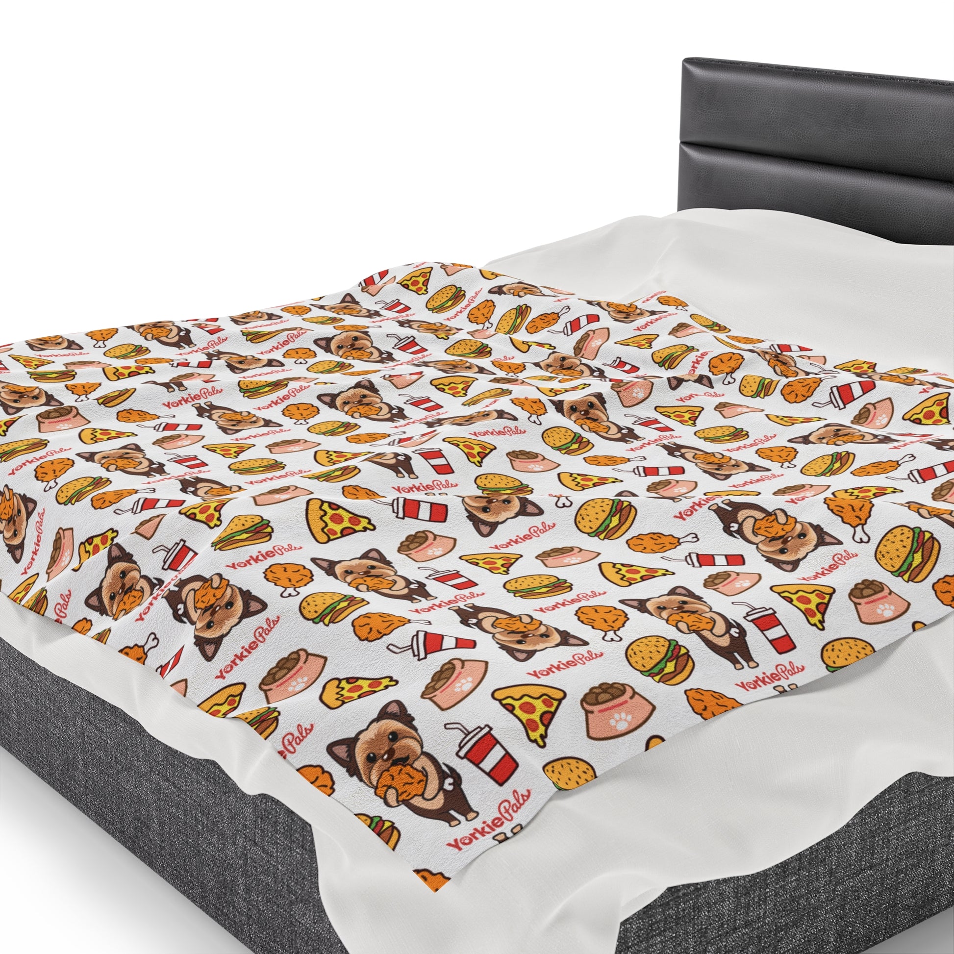 Lightweight blanket showcasing Yorkie dogs and junk food like pizza, burgers, and soda cups