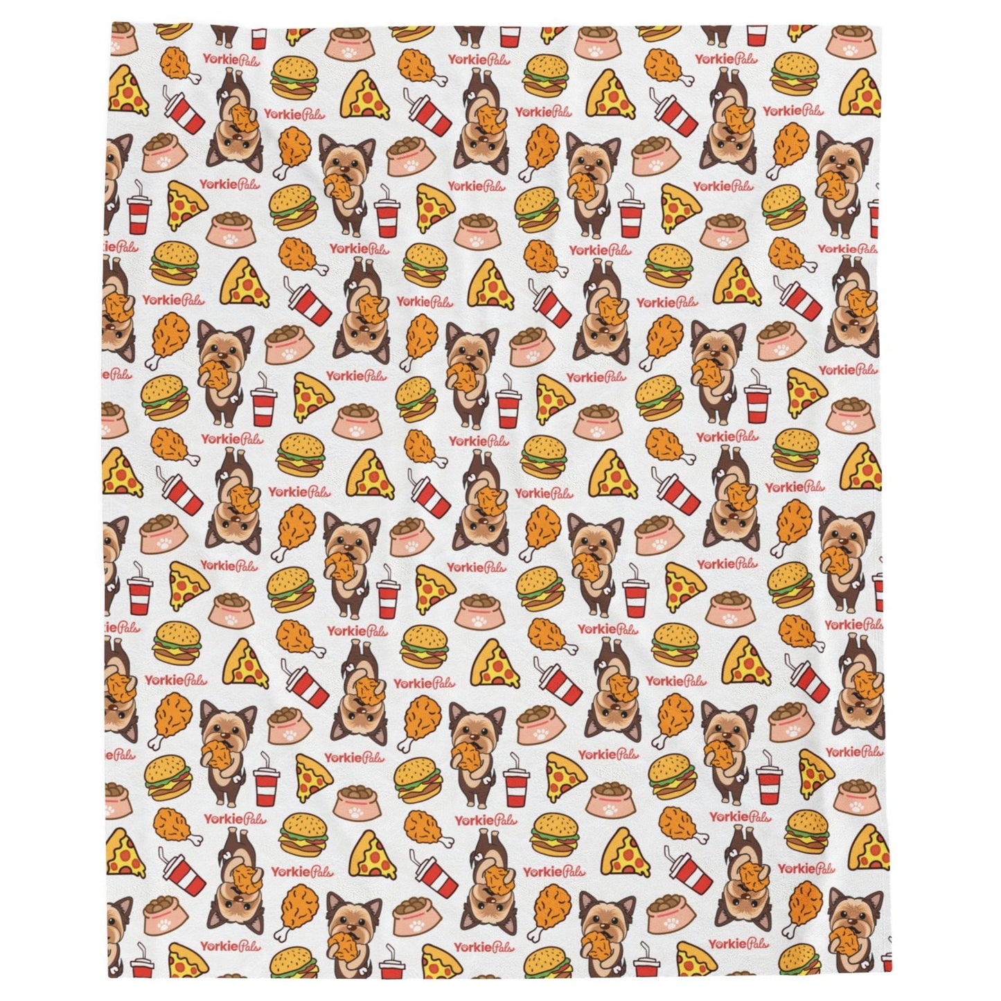 Yorkie Pals blanket decorated with playful illustrations of Yorkie dogs and colorful junk food items