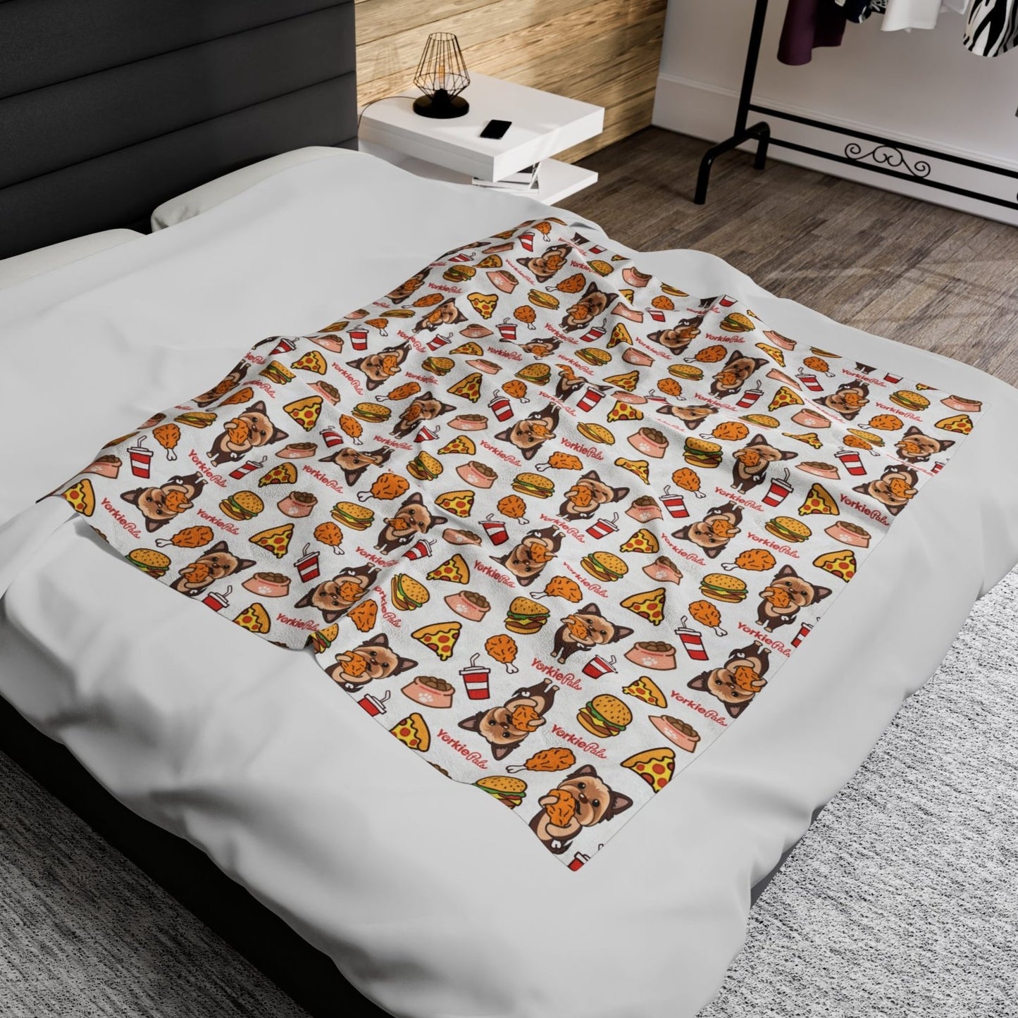 Yorkie Pals blanket decorated with playful illustrations of Yorkie dogs and colorful junk food items