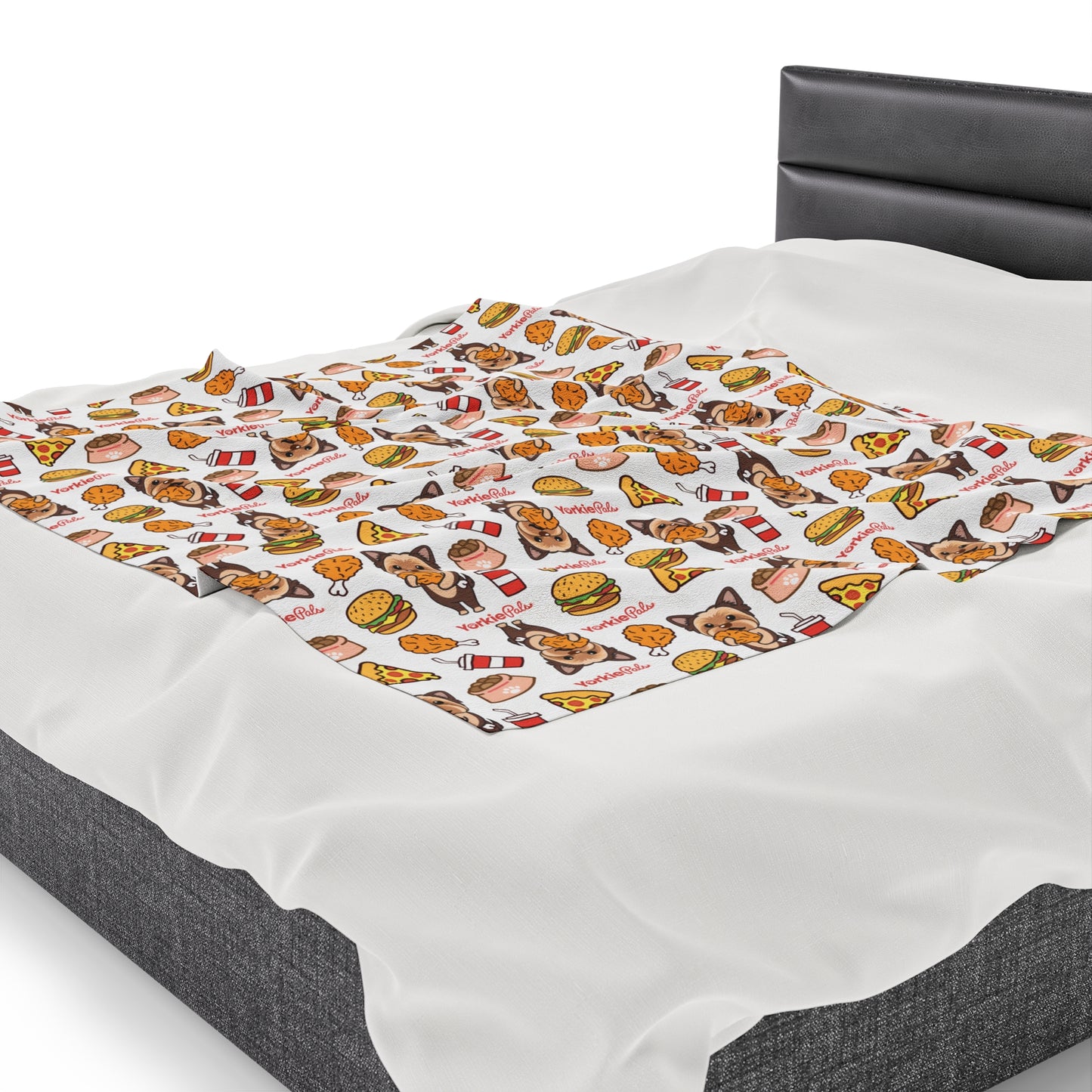 Yorkie Pals blanket decorated with playful illustrations of Yorkie dogs and colorful junk food items