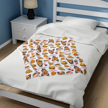 Adorable blanket featuring Yorkie dogs with junk food designs, including pizza, burgers, and chicken