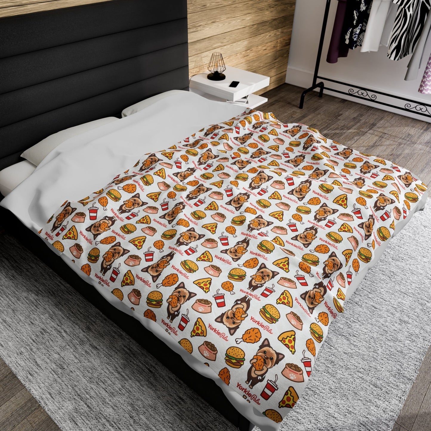 Lightweight blanket showcasing Yorkie dogs and junk food like pizza, burgers, and soda cups